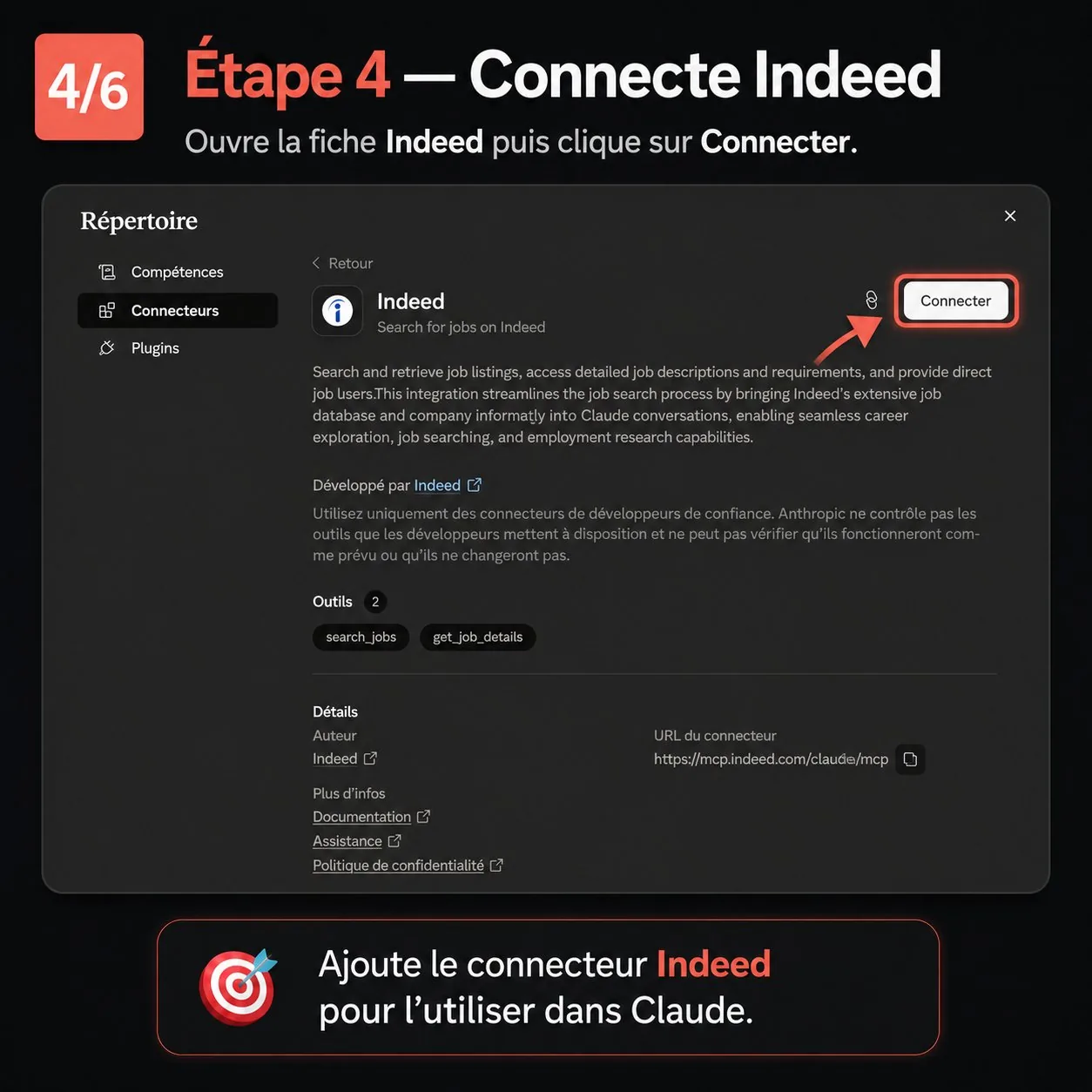 Étape 4 — la fiche du connecteur Indeed avec le bouton Connecter