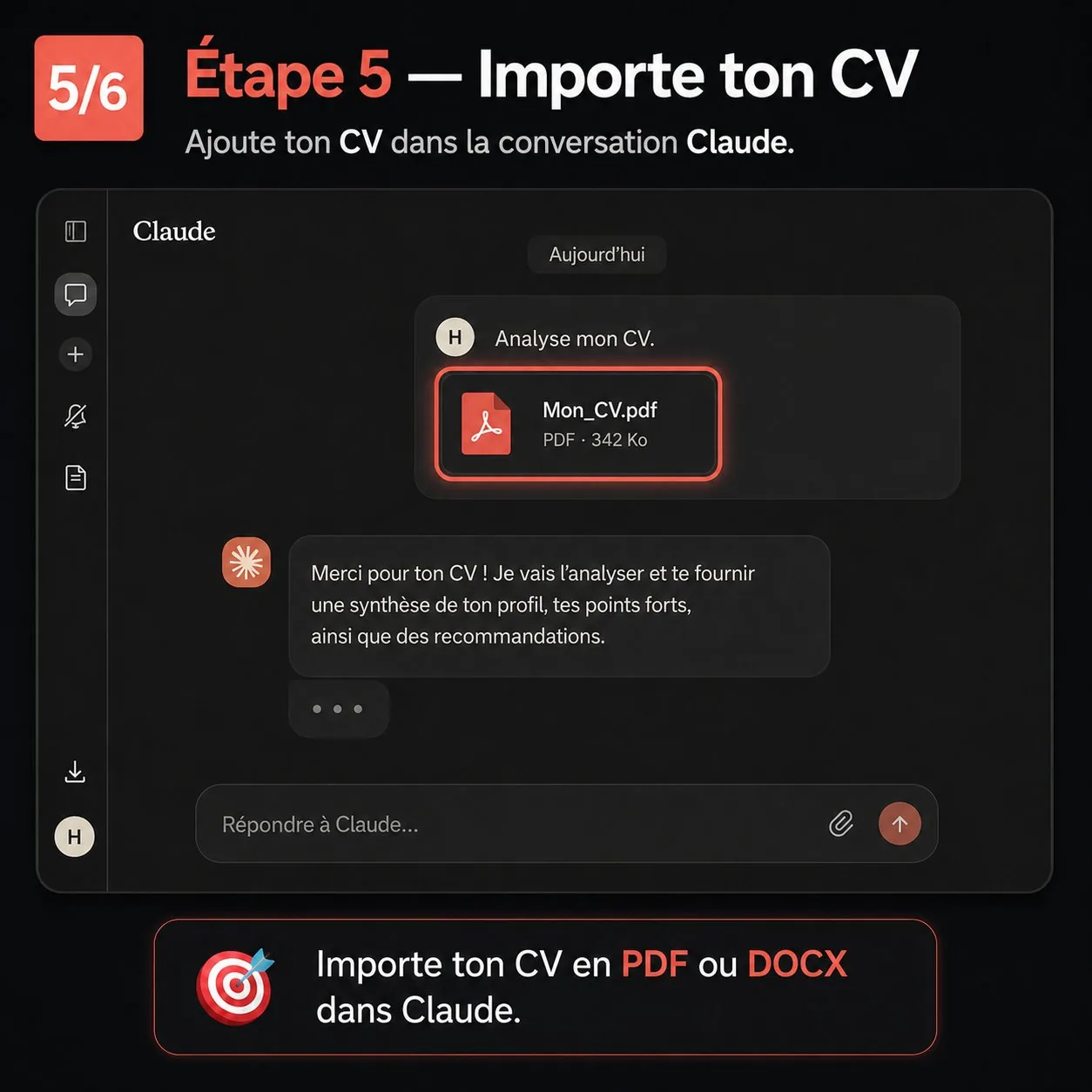 Étape 5 — importer son CV en PDF ou DOCX dans la conversation Claude