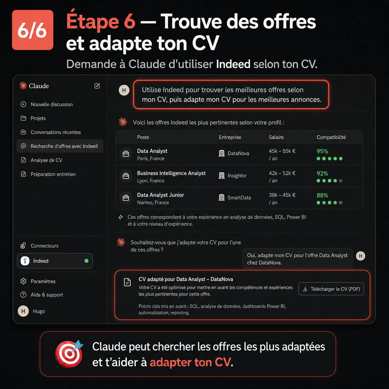 Étape 6 — Claude liste les offres Indeed et adapte le CV