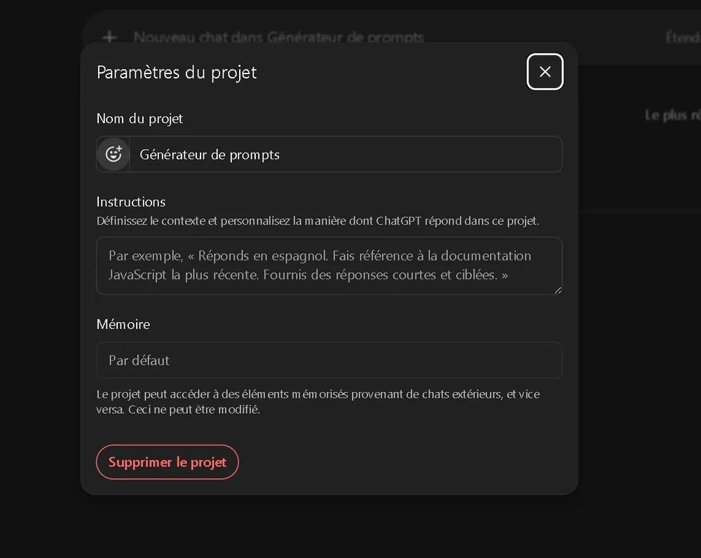 Paramètres du projet 'Générateur de prompts' dans ChatGPT — champ Instructions