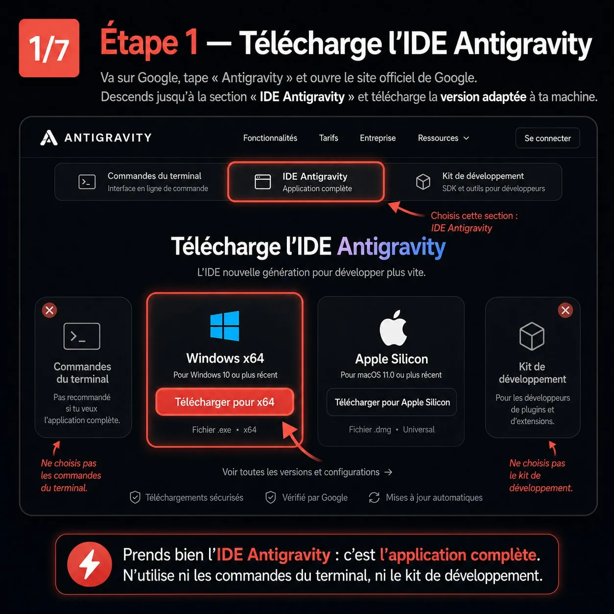 Étape 1 — la section IDE Antigravity sur le site officiel, avec le bouton Télécharger pour x64