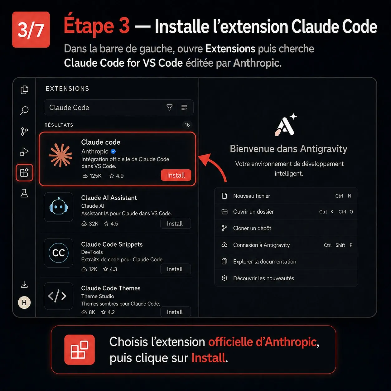 Étape 3 — l’extension officielle Claude Code d’Anthropic dans le marketplace, avec le bouton Install