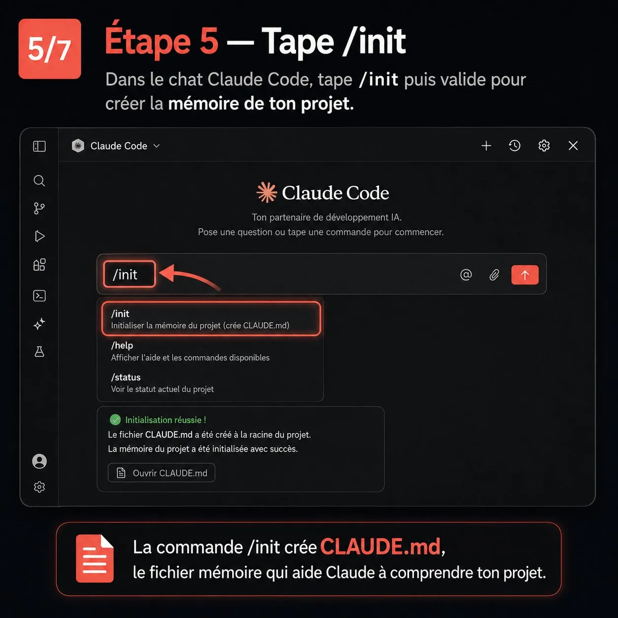 Étape 5 — la commande /init crée le fichier mémoire CLAUDE.md du projet
