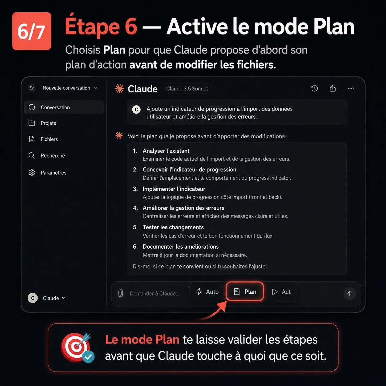 Étape 6 — le sélecteur de mode avec l’option Plan qui propose un plan d’action avant de modifier les fichiers