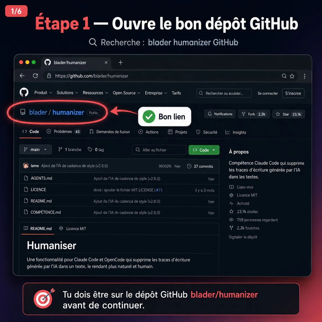 Étape 1 — le dépôt GitHub blader/humanizer ouvert dans le navigateur