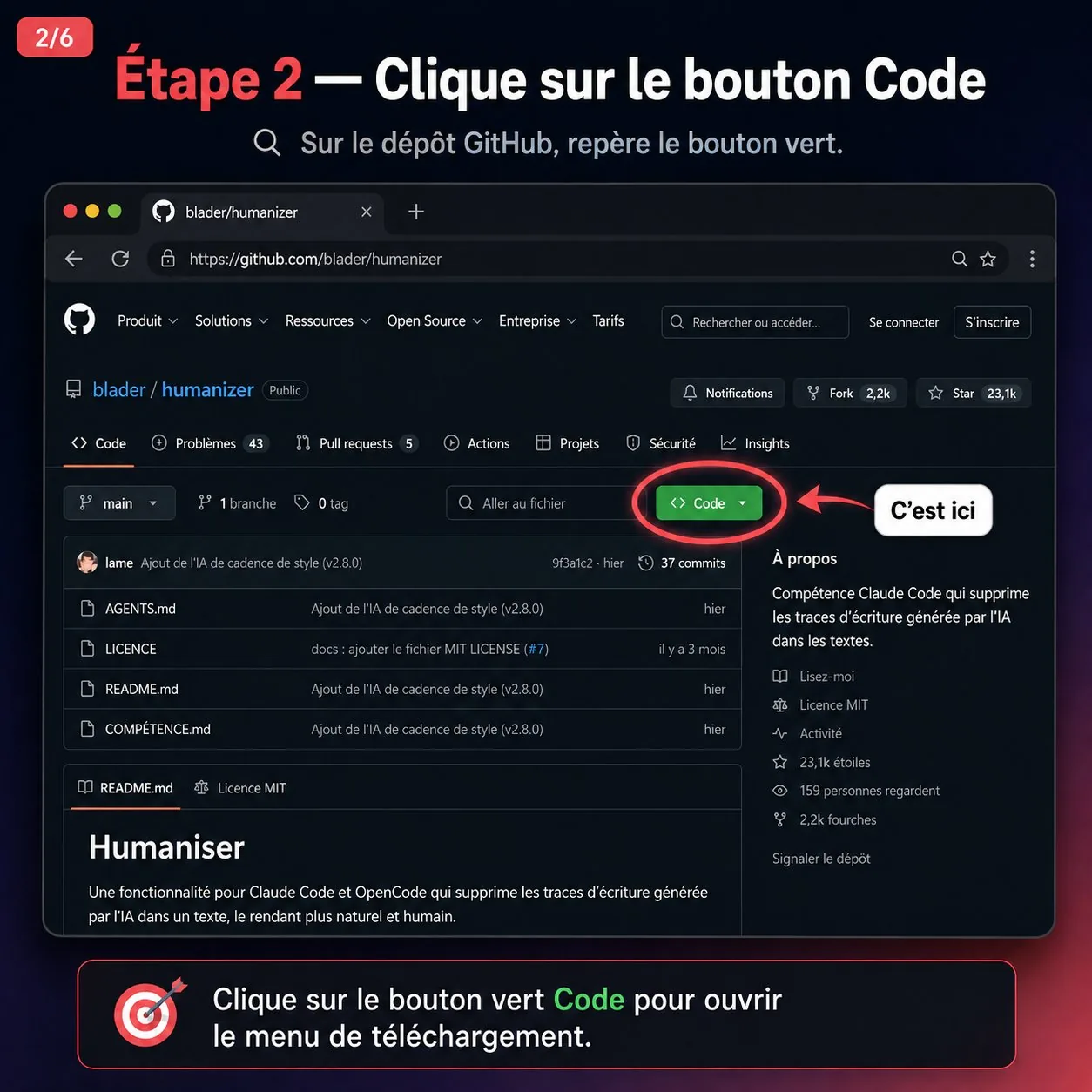 Étape 2 — le bouton vert Code sur le dépôt GitHub