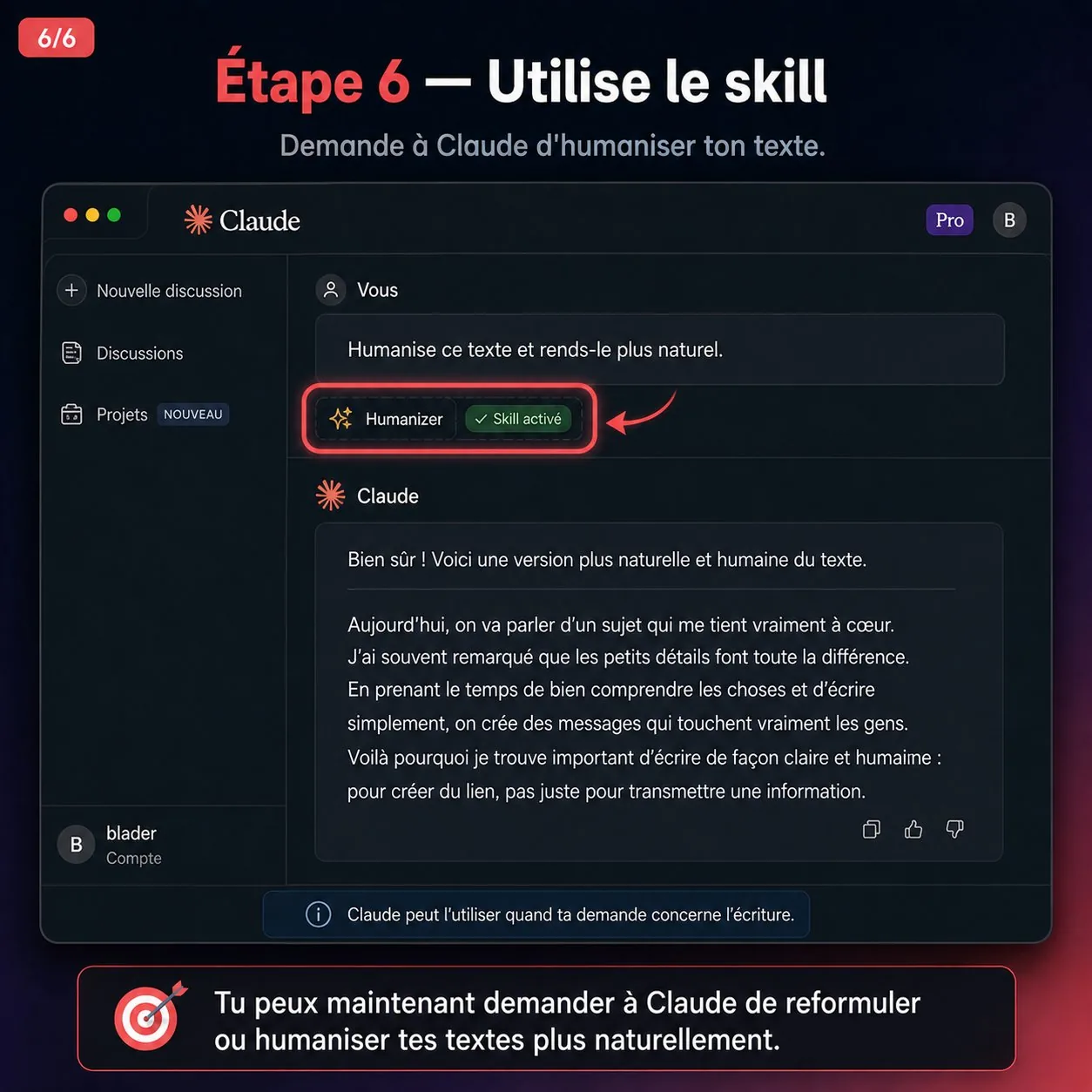 Étape 5 — bouton plus, Create skill puis Upload a skill dans Claude