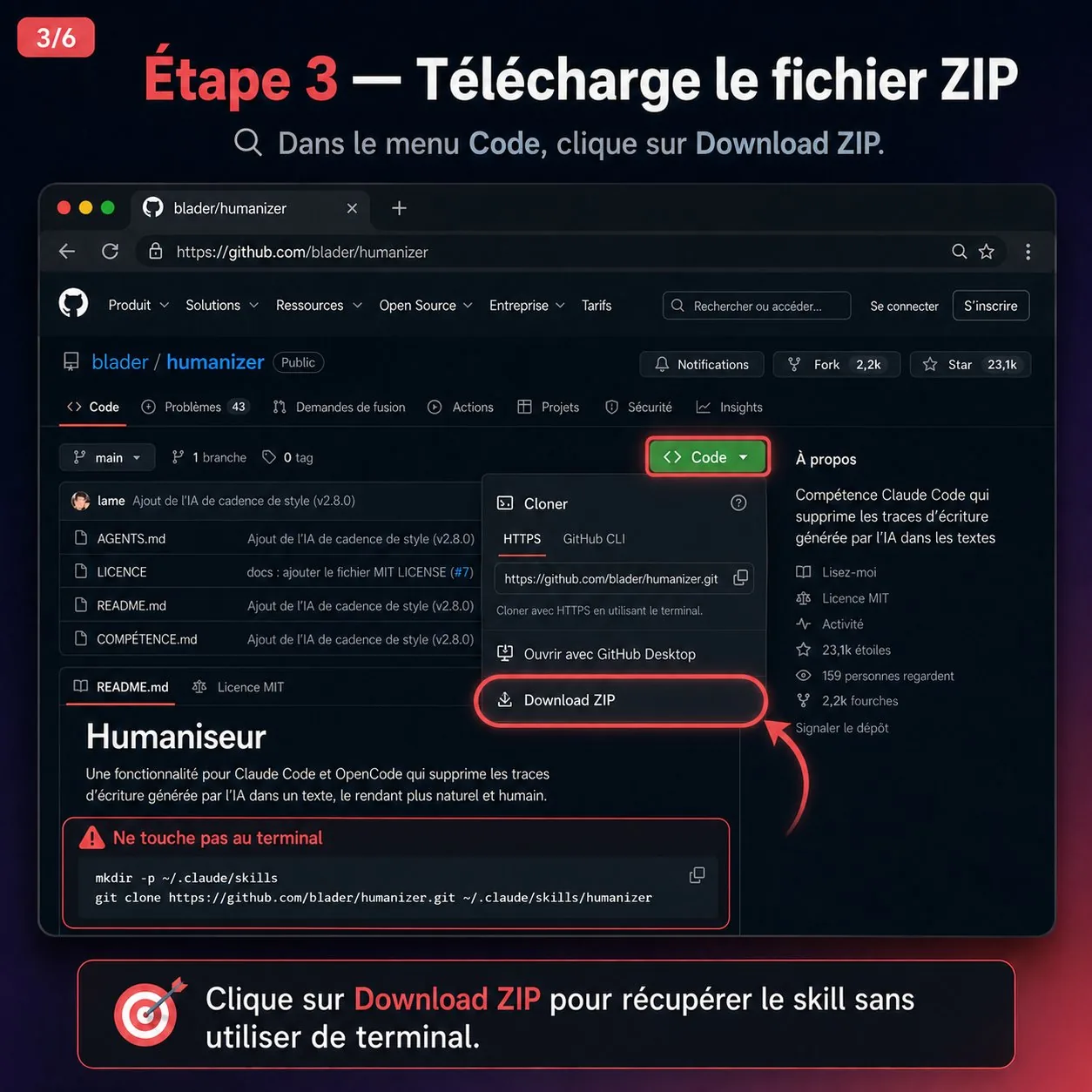 Étape 6 — sélection du fichier ZIP humanizer à importer dans Claude